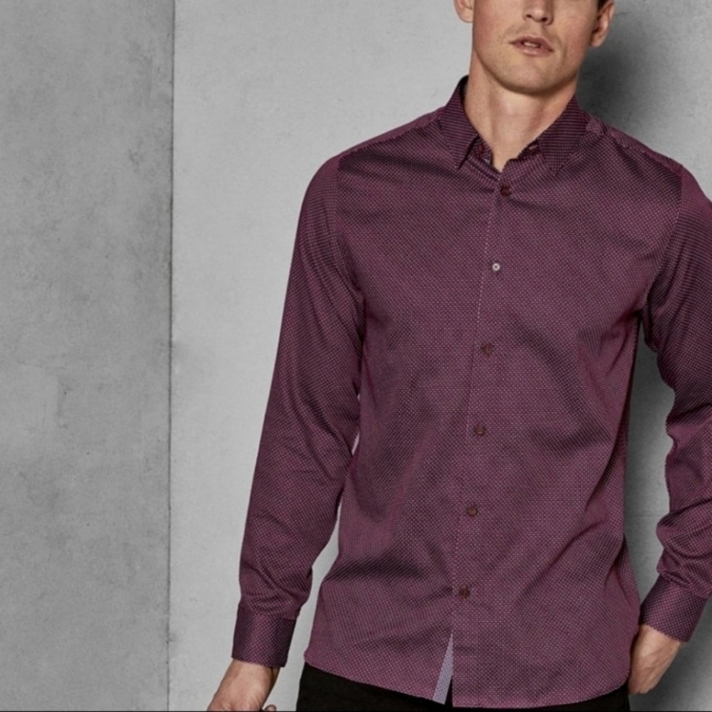 TED BAKER LONDON-Long Sleeve Button-Up Dress Shirt-Red Wine-Size 5(Slim XL)